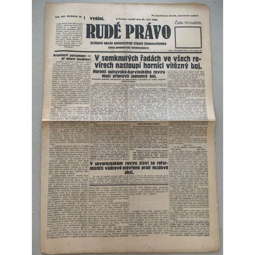Rudé právo (23.9.1928) - 1. republika, staré noviny