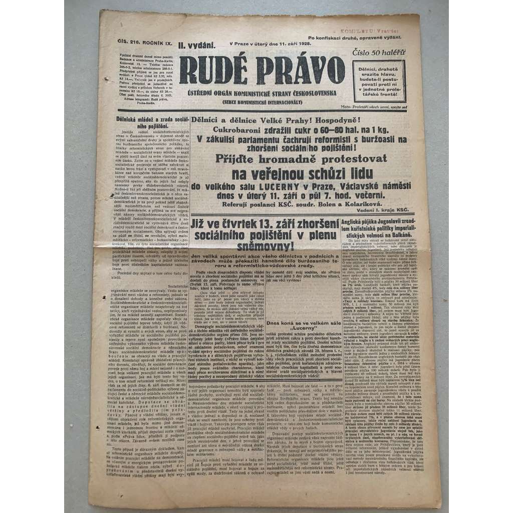 Rudé právo (11.9.1928) - 1. republika, staré noviny