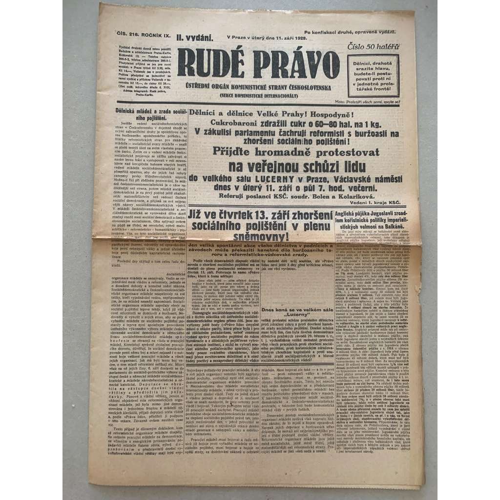 Rudé právo (11.9.1928) - 1. republika, staré noviny
