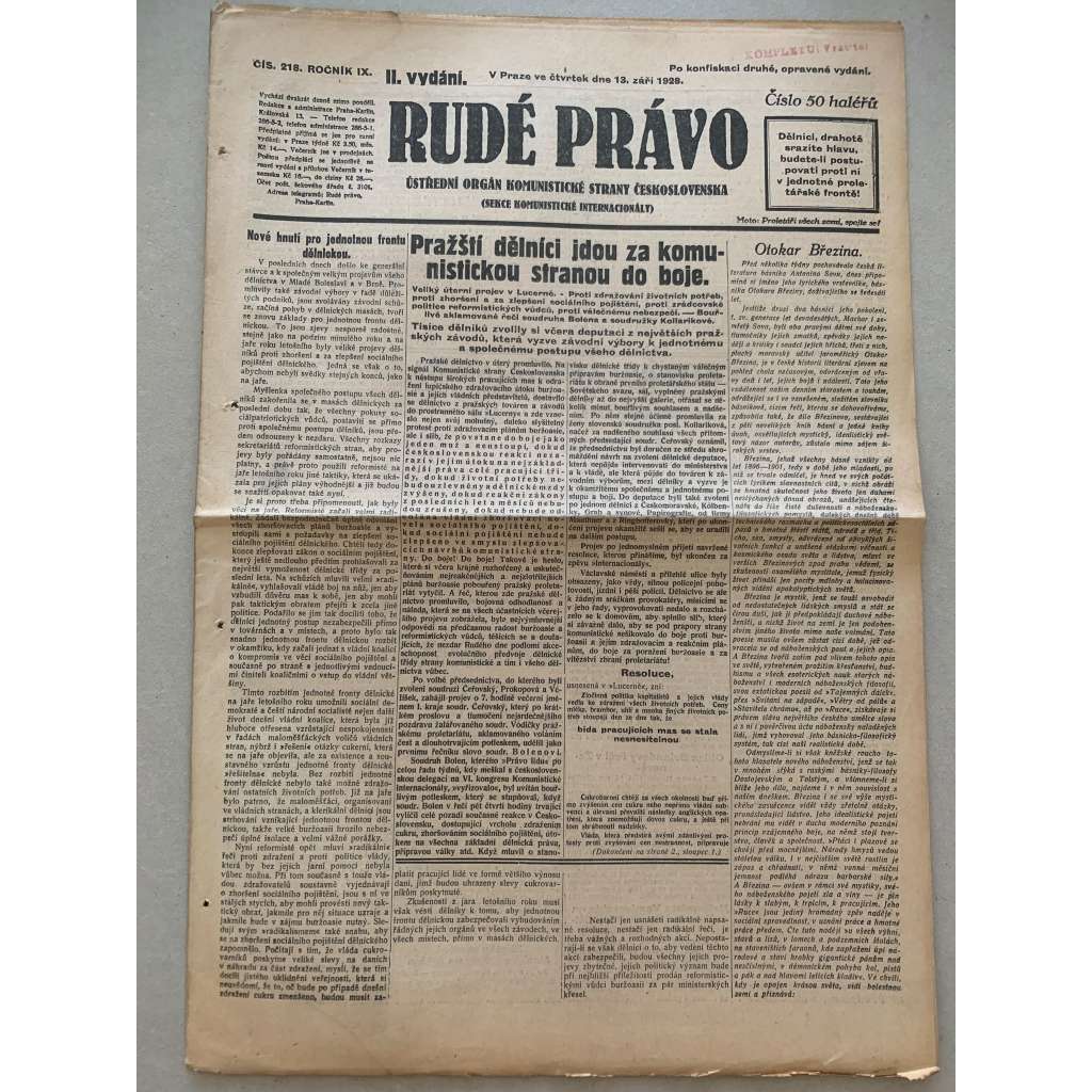Rudé právo (13.9.1928) - 1. republika, staré noviny