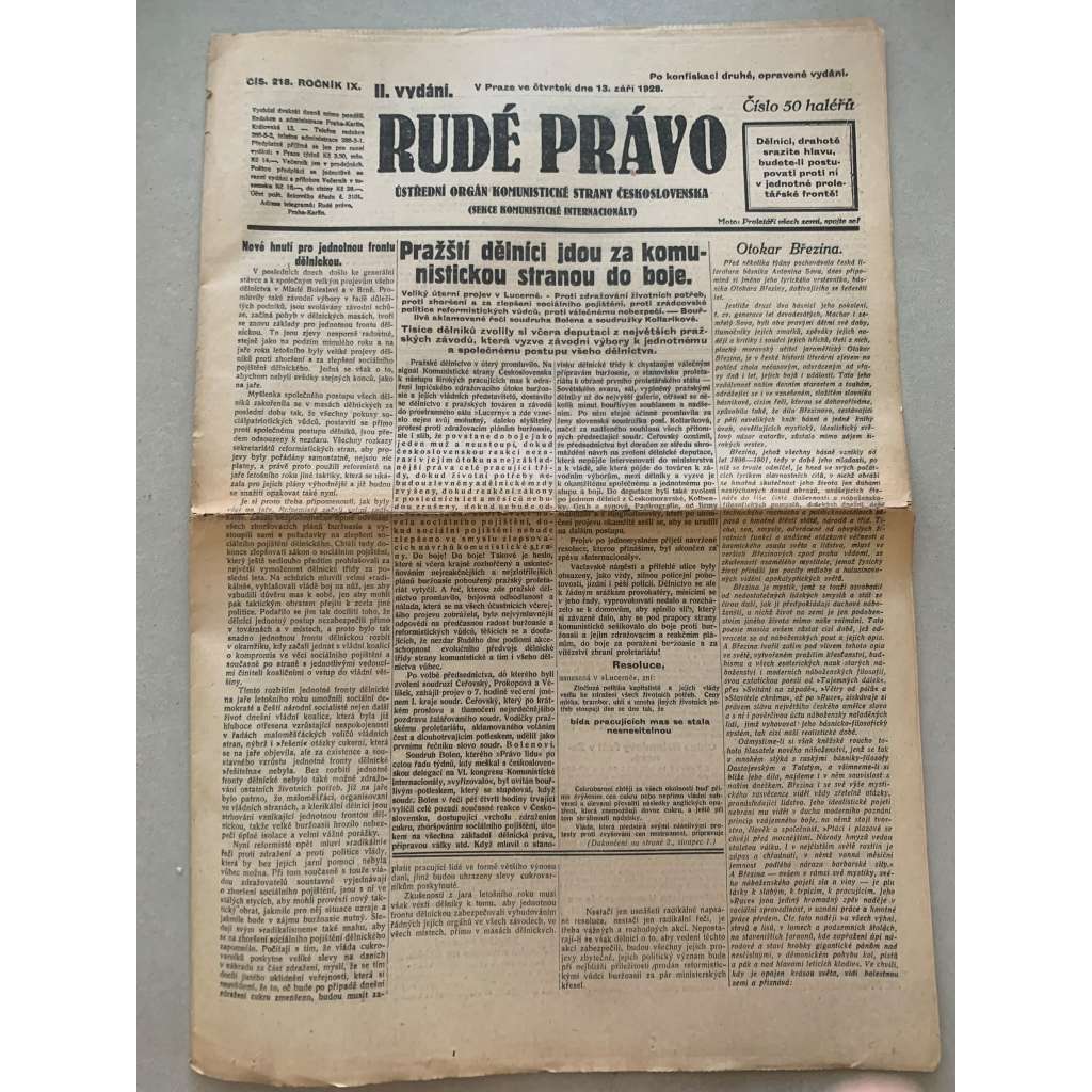 Rudé právo (13.9.1928) - 1. republika, staré noviny