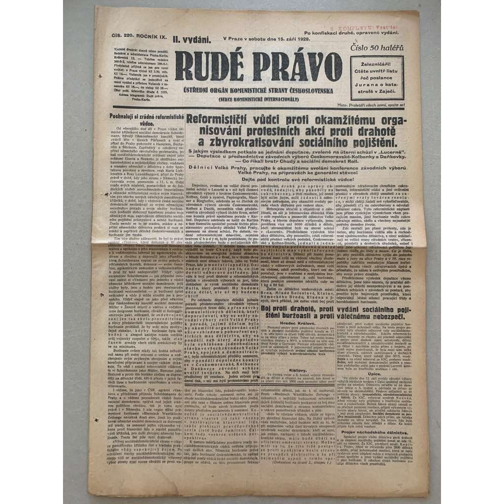 Rudé právo (15.9.1928) - 1. republika, staré noviny