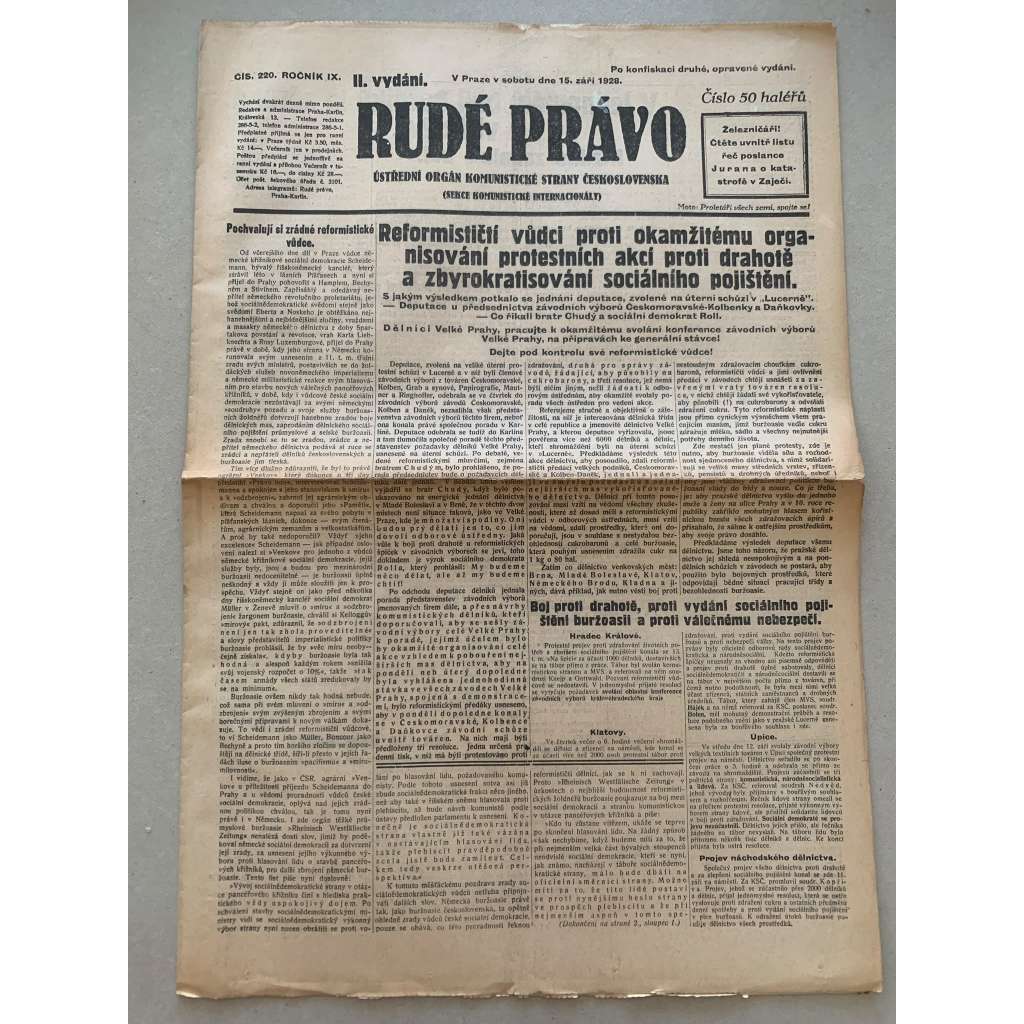 Rudé právo (15.9.1928) - 1. republika, staré noviny