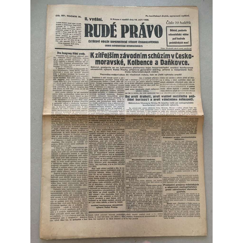Rudé právo (16.9.1928) - 1. republika, staré noviny