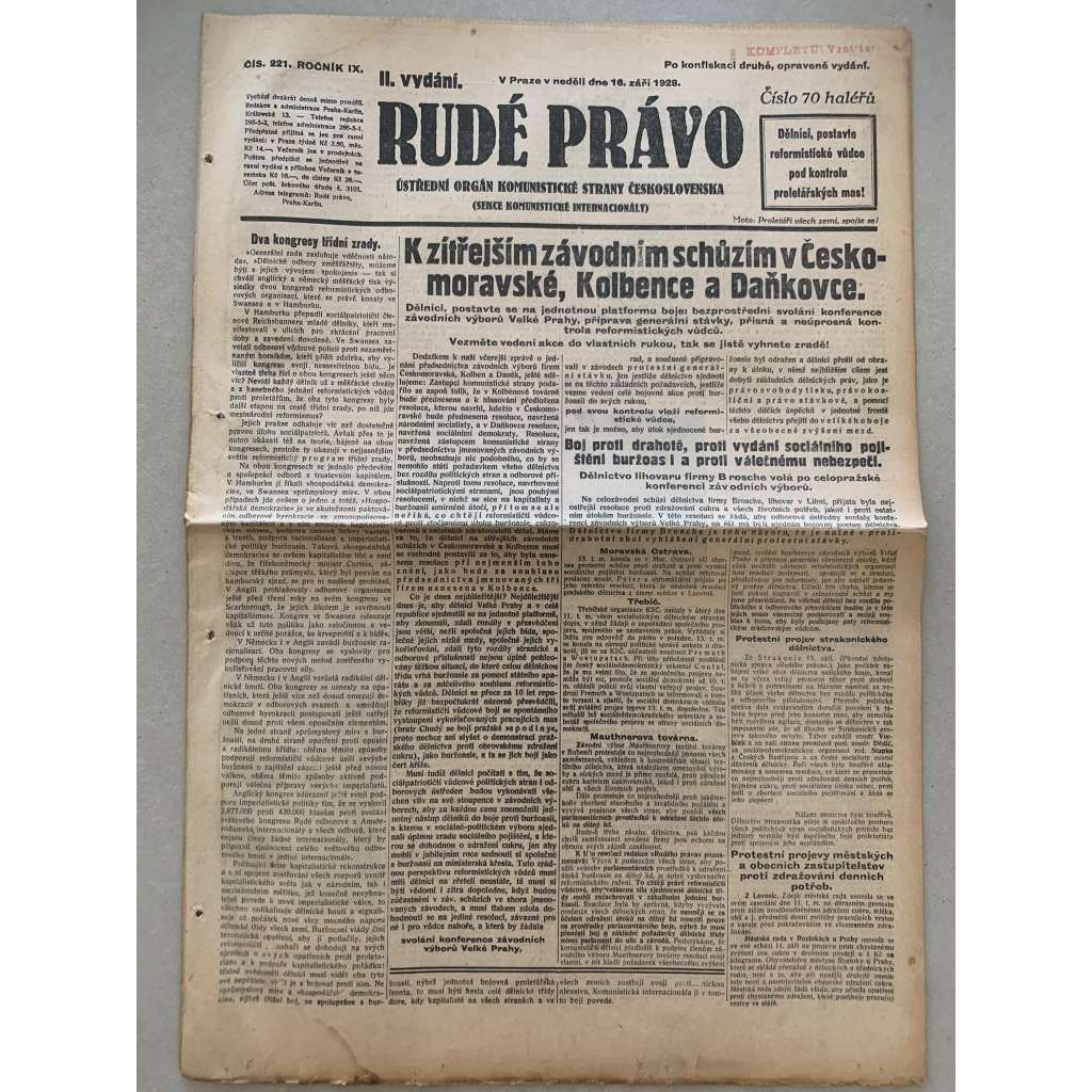 Rudé právo (16.9.1928) - 1. republika, staré noviny