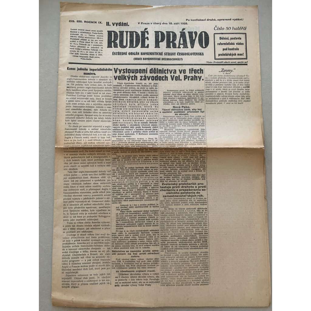 Rudé právo (18.9.1928) - 1. republika, staré noviny