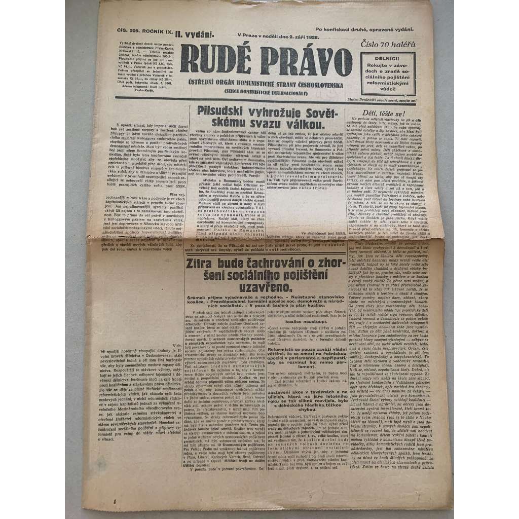 Rudé právo (2.9.1928) - 1. republika, staré noviny