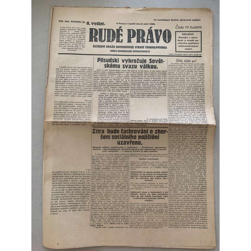 Rudé právo (2.9.1928) - 1. republika, staré noviny