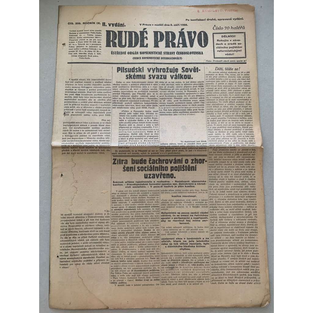 Rudé právo (2.9.1928) - 1. republika, staré noviny