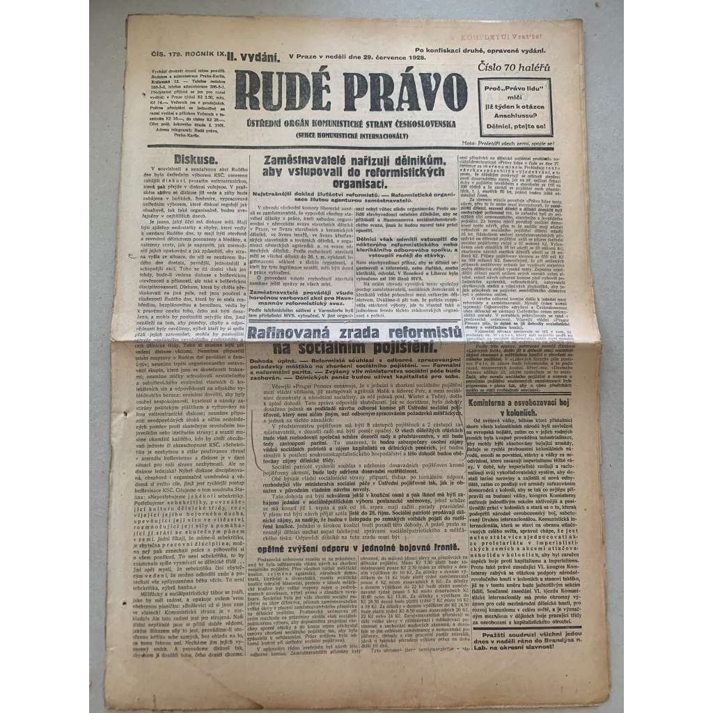 Rudé právo (29.7.1928) - 1. republika, staré noviny