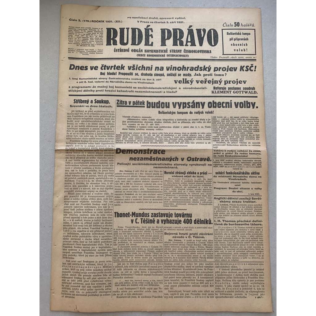Rudé právo (3.9.1931) - 1. republika, staré noviny Rudé právo (3.9.1931) - 1. republika, staré noviny