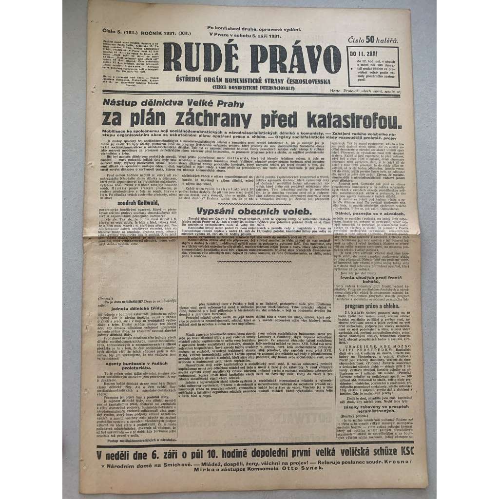 Rudé právo (5.9.1931) - 1. republika, staré noviny Rudé právo (5.9.1931) - 1. republika, staré noviny