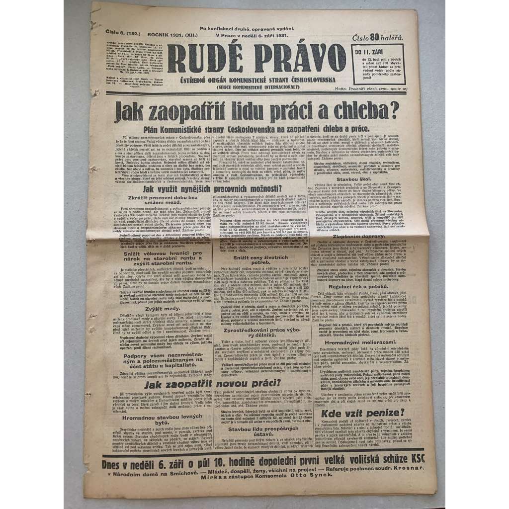 Rudé právo (6.9.1931) - 1. republika, staré noviny Rudé právo (6.9.1931) - 1. republika, staré noviny