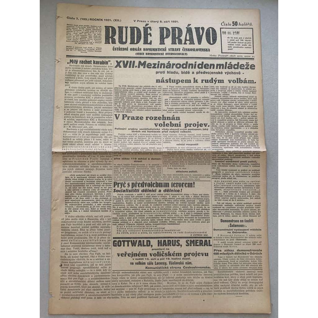 Rudé právo (8.9.1931) - 1. republika, staré noviny Rudé právo (8.9.1931) - 1. republika, staré noviny