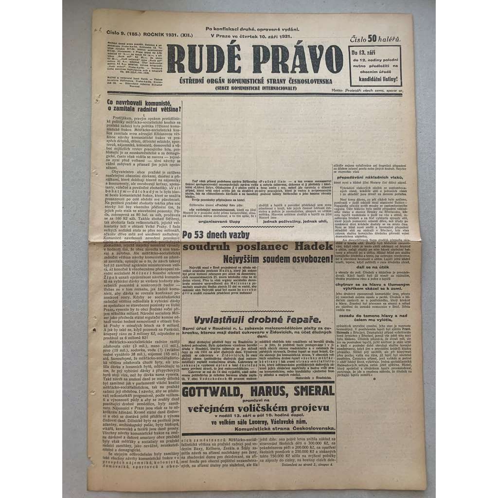 Rudé právo (10.9.1931) - 1. republika, staré noviny Rudé právo (10.9.1931) - 1. republika, staré noviny