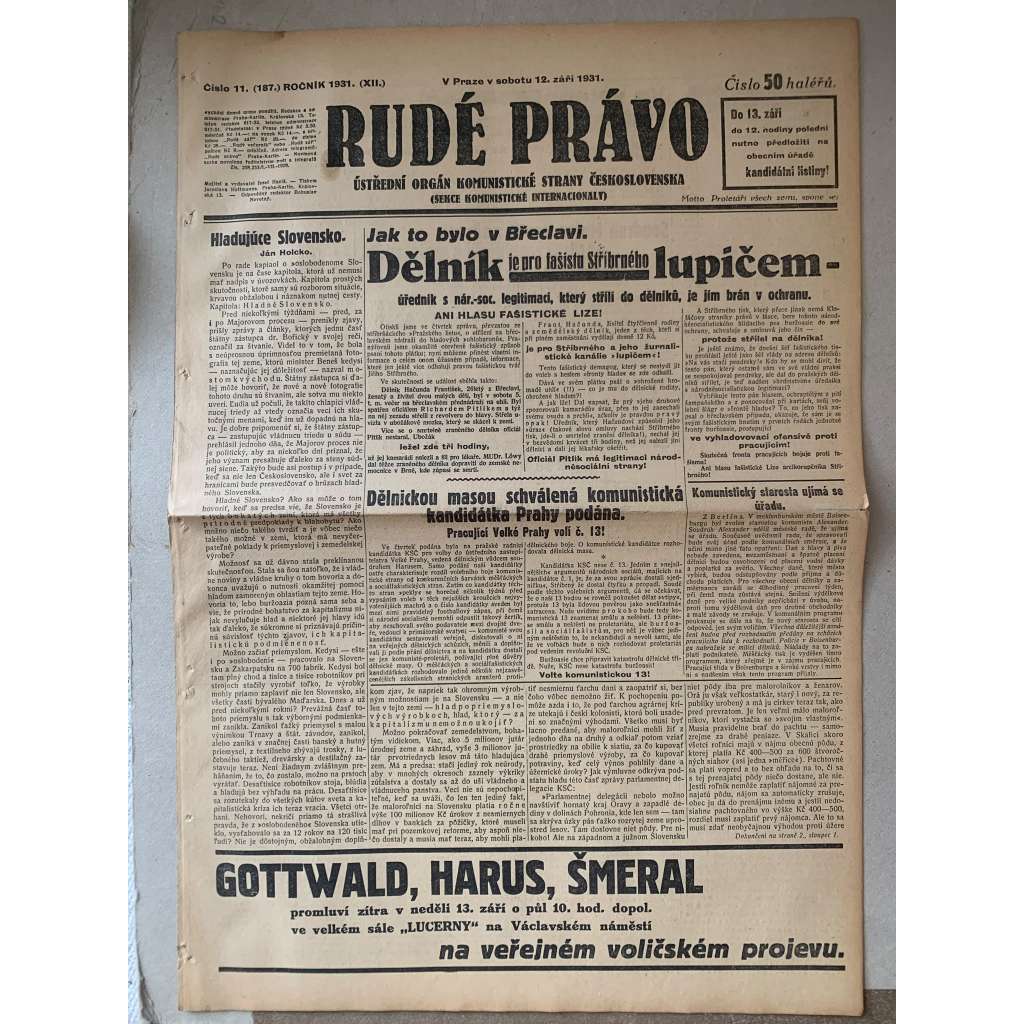 Rudé právo (12.9.1931) - 1. republika, staré noviny