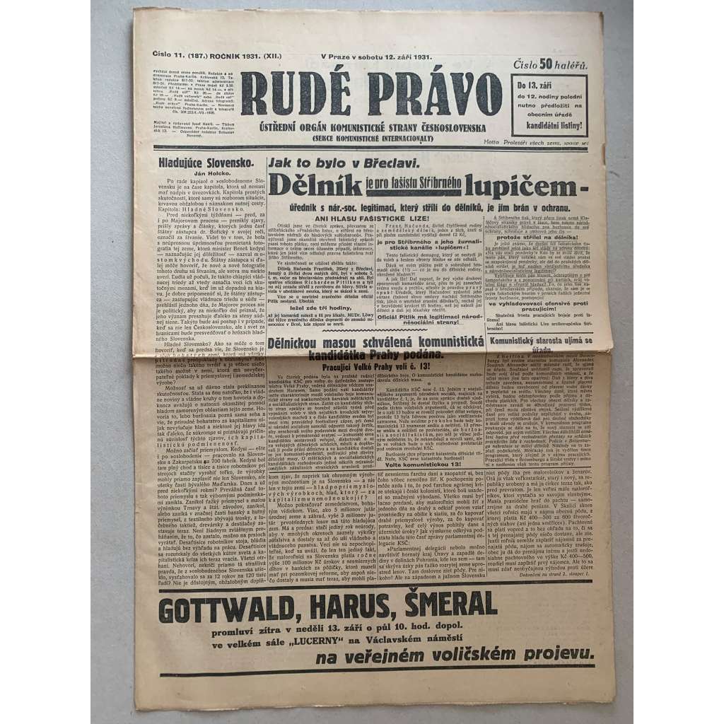 Rudé právo (12.9.1931) - 1. republika, staré noviny