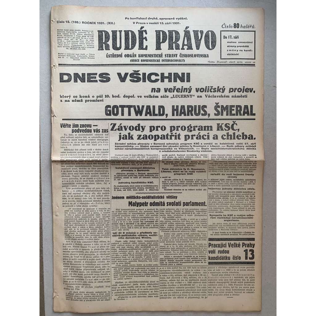Rudé právo (13.9.1931) - 1. republika, staré noviny