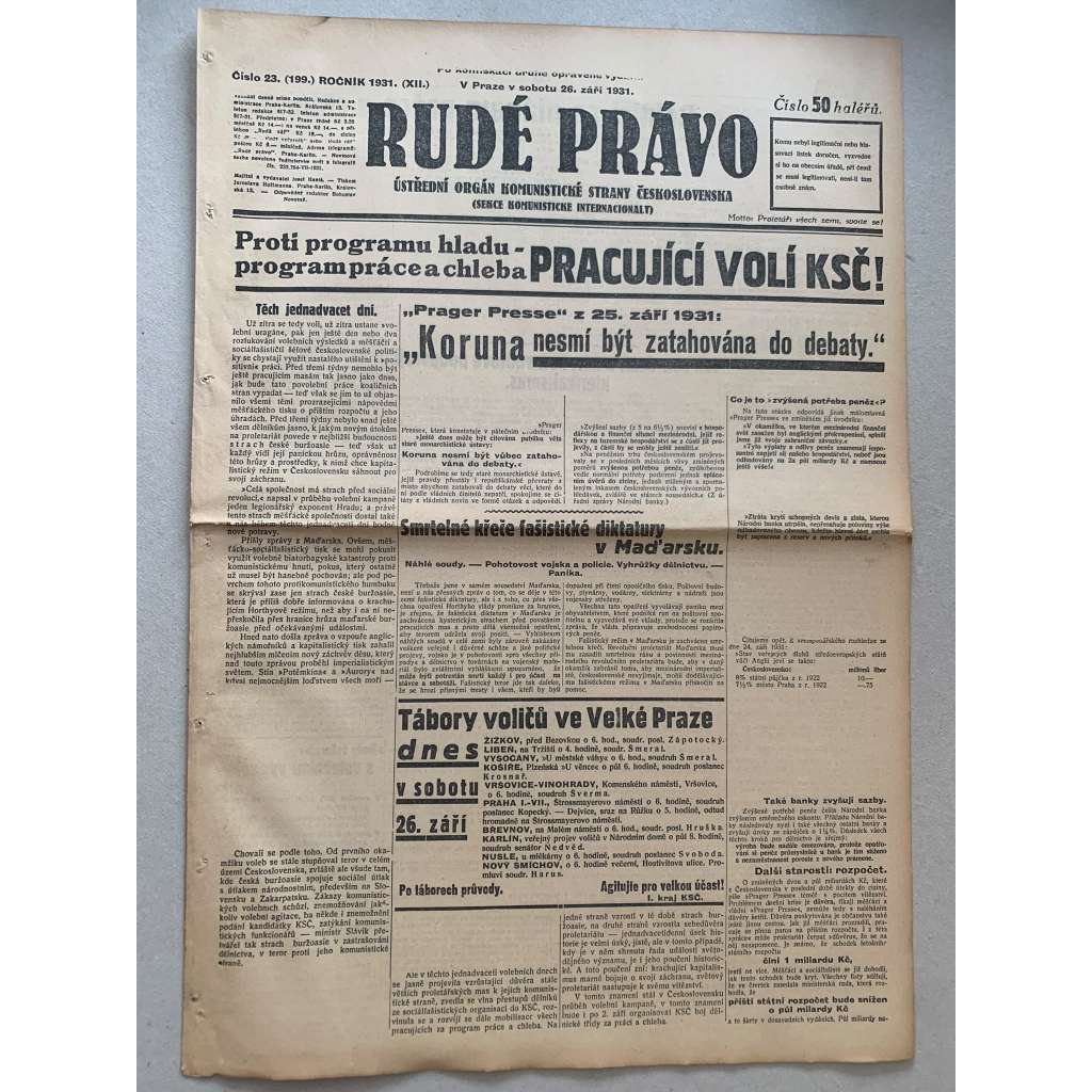 Rudé právo (26.9.1931) - 1. republika, staré noviny