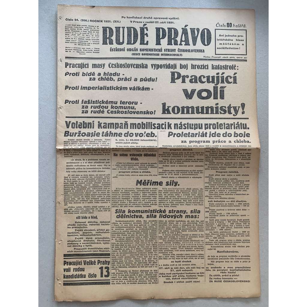 Rudé právo (27.9.1931) - 1. republika, staré noviny