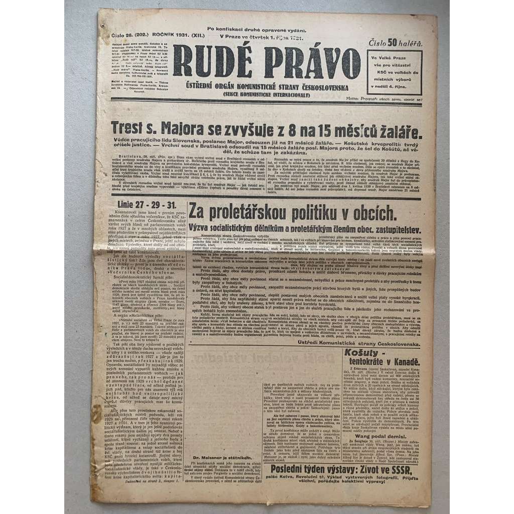 Rudé právo (1.10.1931) - 1. republika, staré noviny