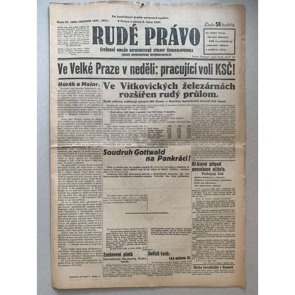Rudé právo (2.10.1931) - 1. republika, staré noviny