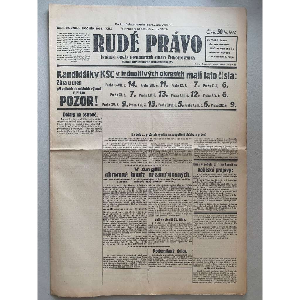 Rudé právo (3.10.1931) - 1. republika, staré noviny