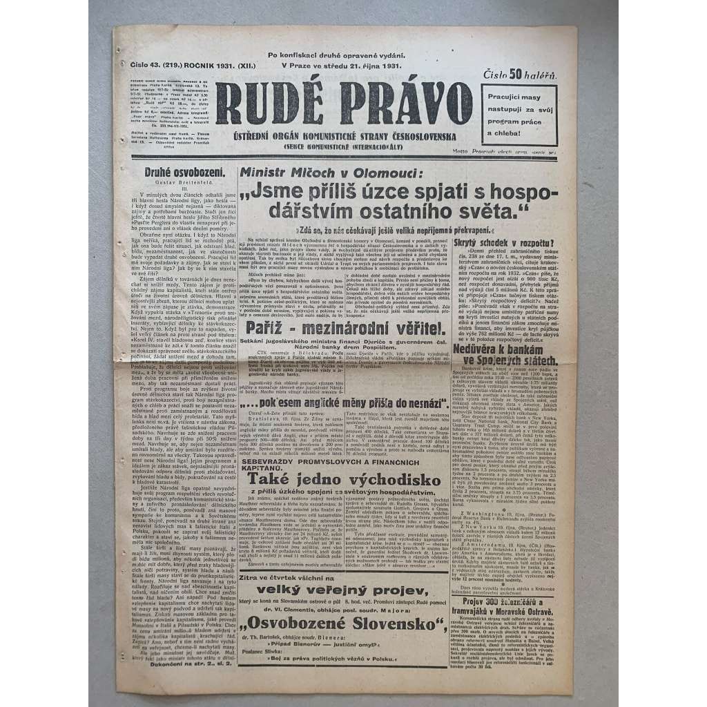 Rudé právo (21.10.1931) - 1. republika, staré noviny