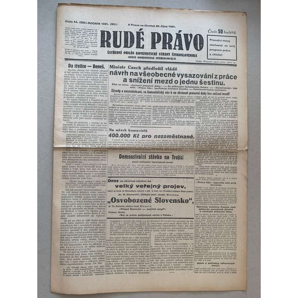 Rudé právo (22.10.1931) - 1. republika, staré noviny