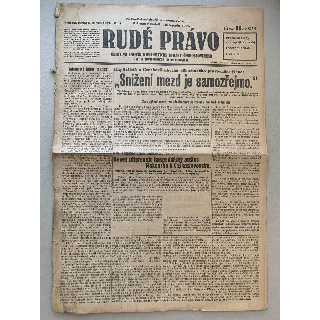 Rudé právo (1.11.1931) - 1. republika, staré noviny Rudé právo (1.11.1931) - 1. republika, staré noviny
