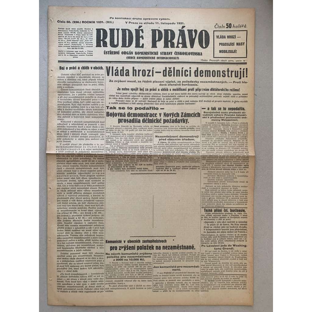 Rudé právo (11.11.1931) - 1. republika, staré noviny Rudé právo (11.11.1931) - 1. republika, staré noviny
