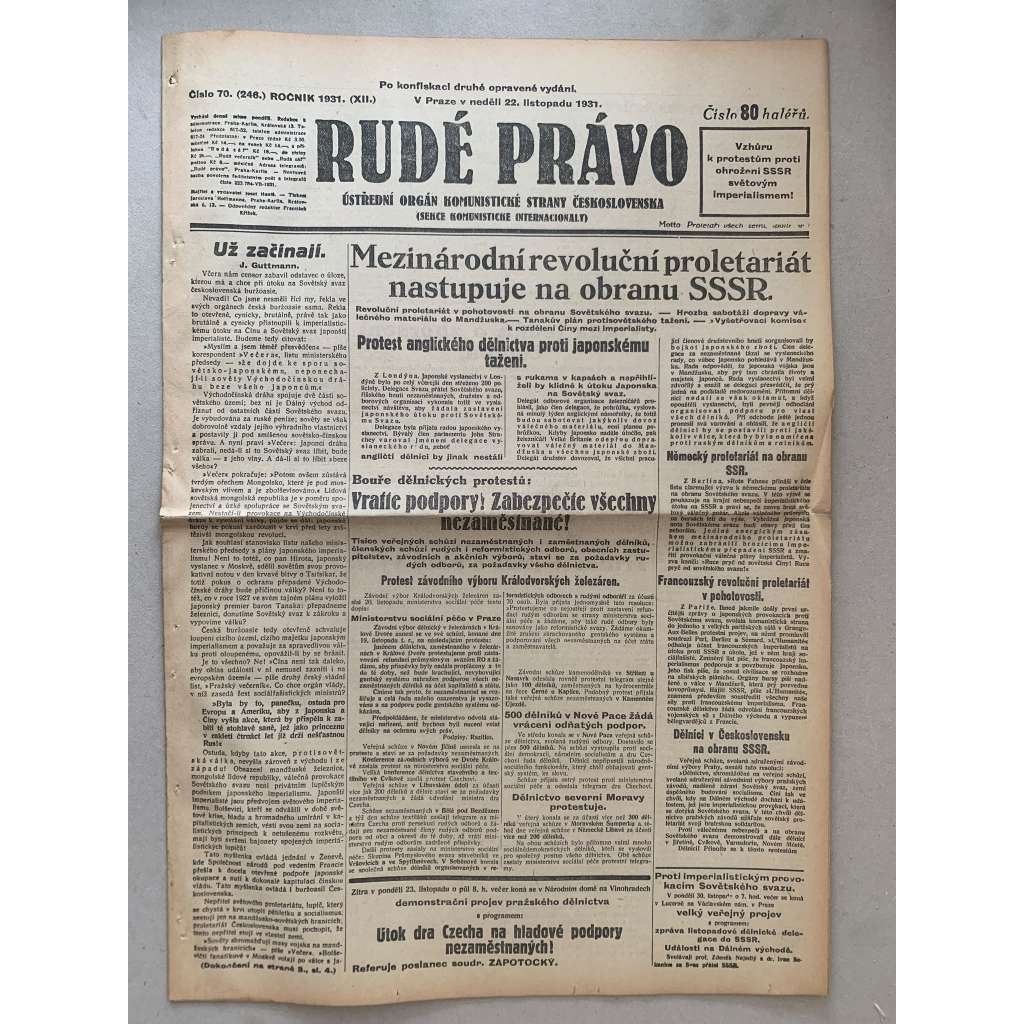 Rudé právo (22.11.1931) - 1. republika, staré noviny