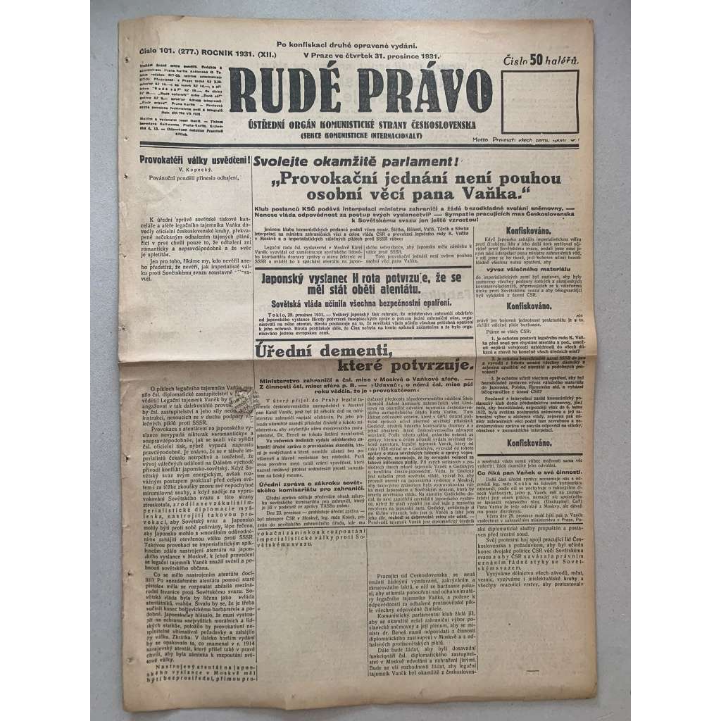 Rudé právo (31.12.1931) - 1. republika, staré noviny