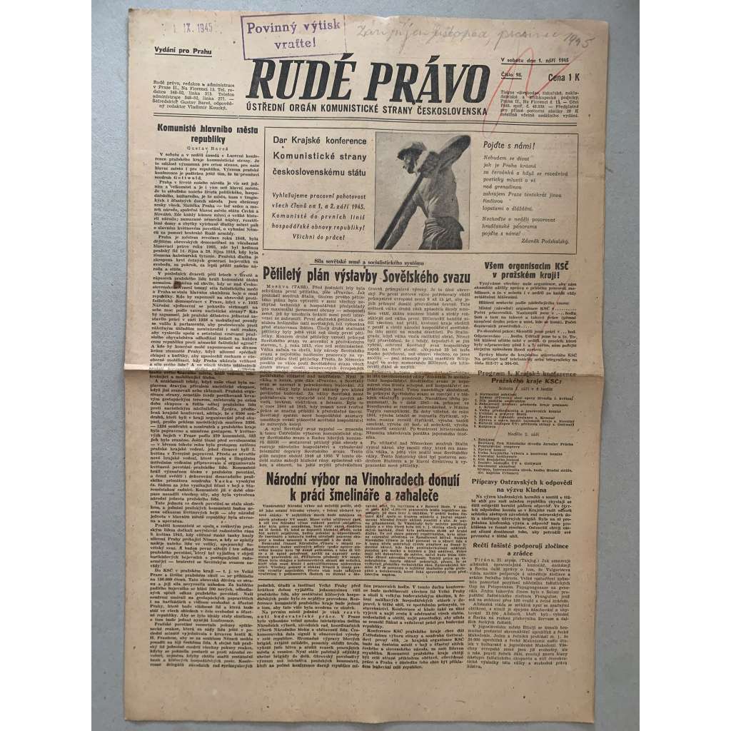 Rudé právo (1.9.1945) - 1. republika, staré noviny