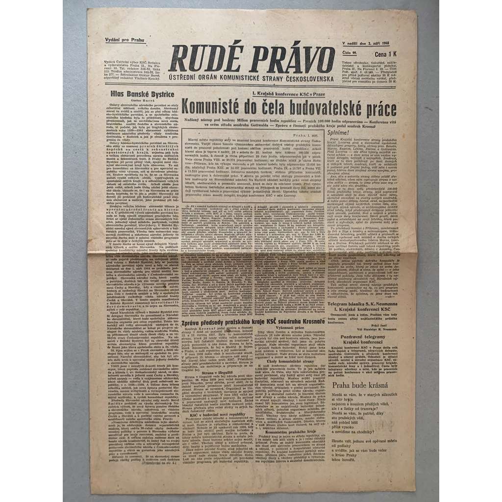 Rudé právo (2.9.1945) - 1. republika, staré noviny