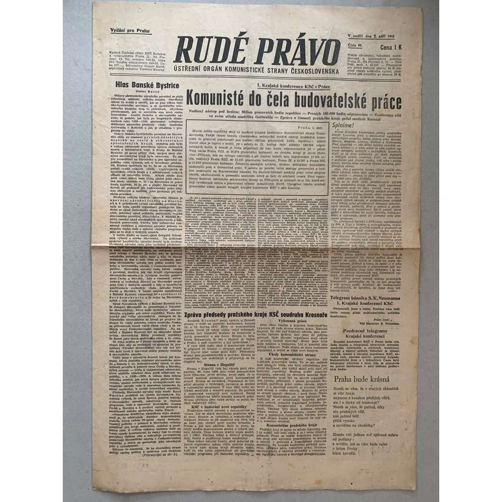 Rudé právo (2.9.1945) - 1. republika, staré noviny