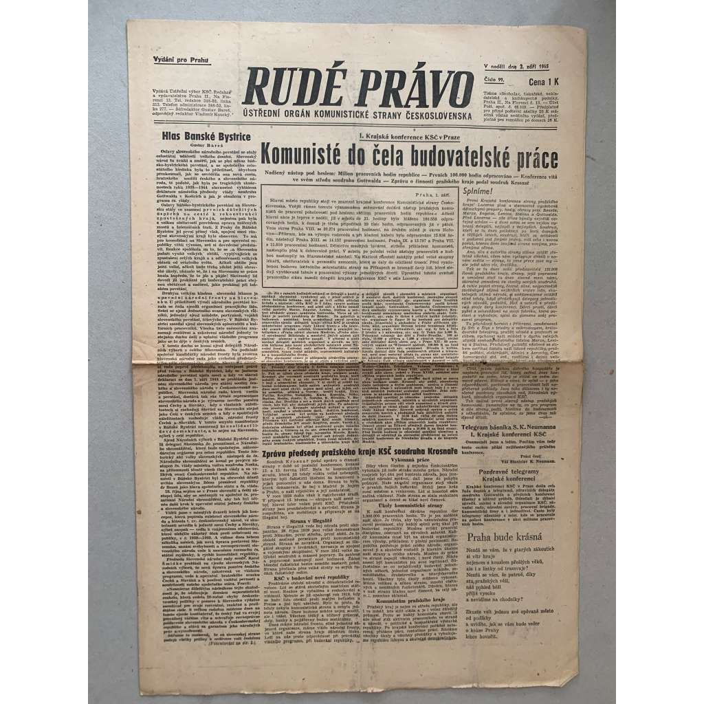 Rudé právo (2.9.1945) - 1. republika, staré noviny