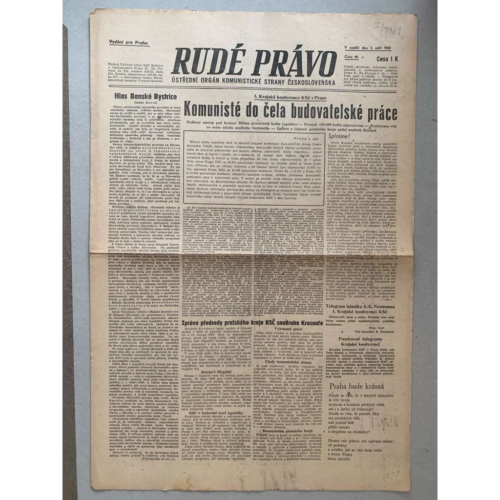 Rudé právo (2.9.1945) - 1. republika, staré noviny