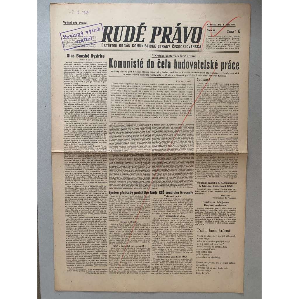 Rudé právo (2.9.1945) - 1. republika, staré noviny