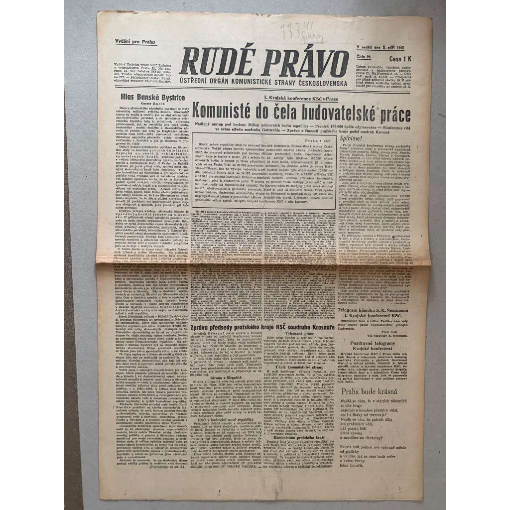 Rudé právo (2.9.1945) - 1. republika, staré noviny