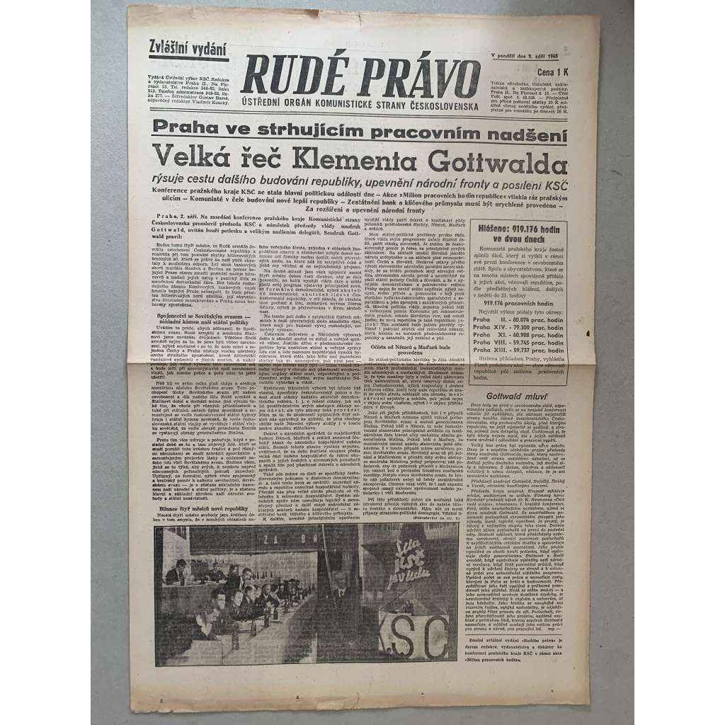 Rudé právo (3.9.1945) - 1. republika, staré noviny