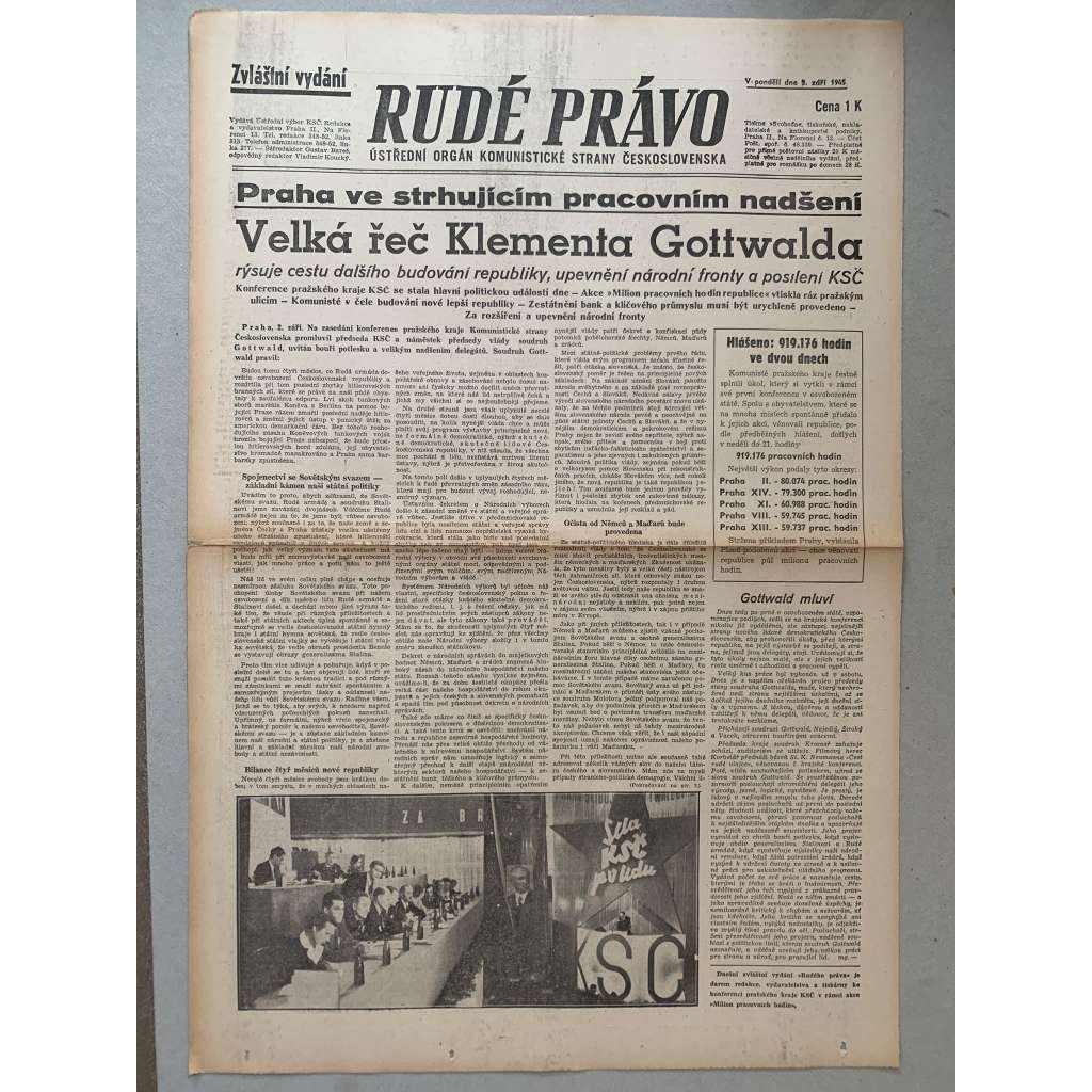 Rudé právo (3.9.1945) - 1. republika, staré noviny