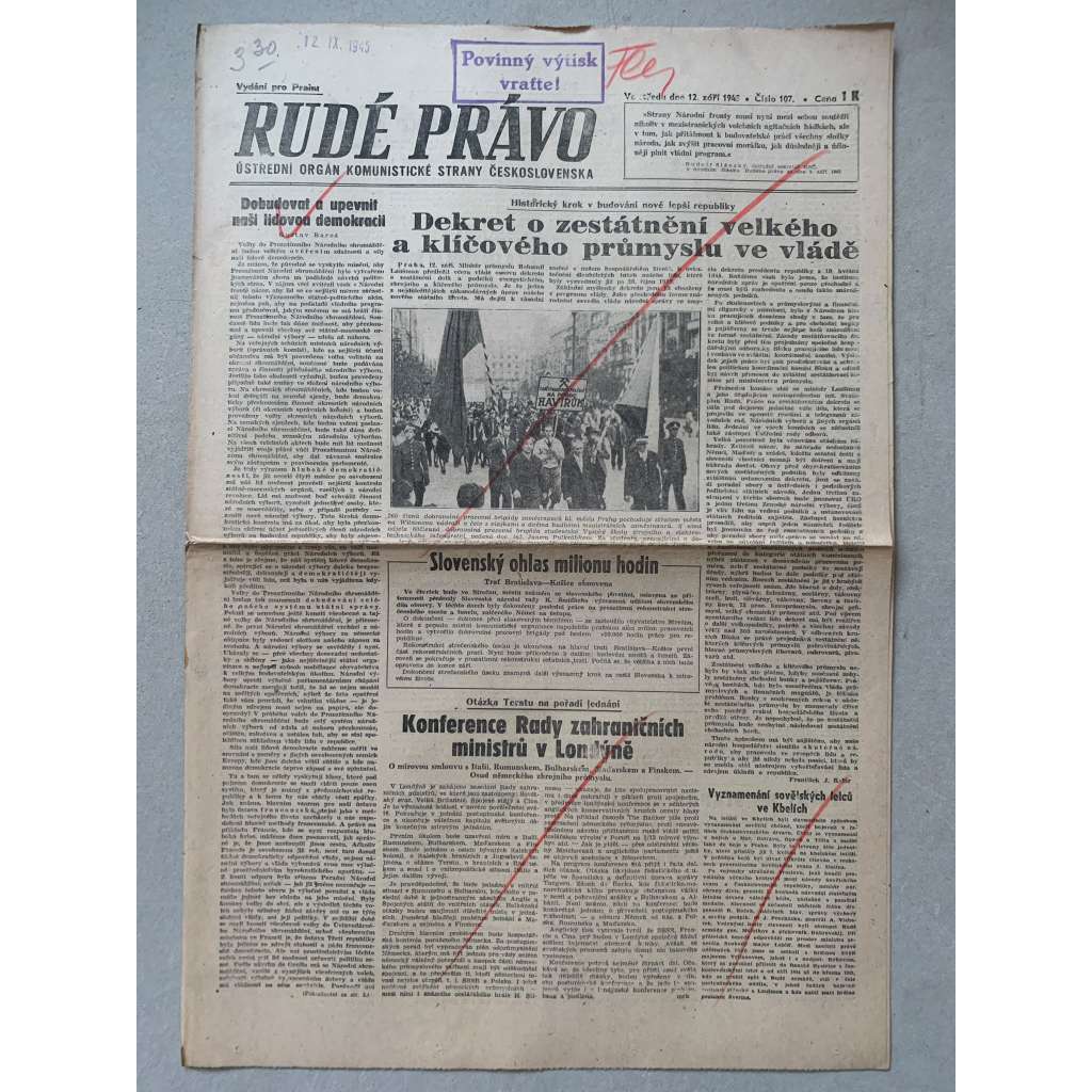 Rudé právo (12.9.1945) - 1. republika, staré noviny