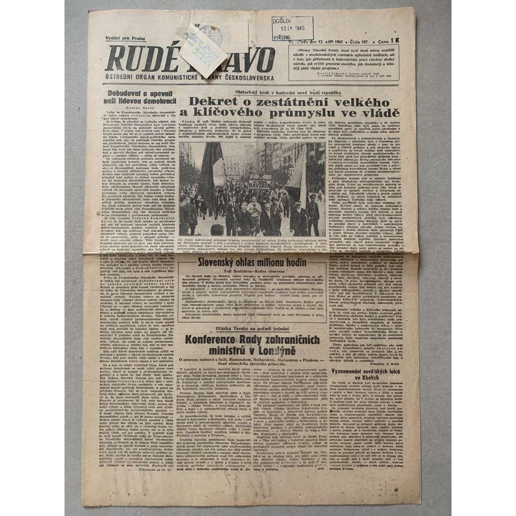 Rudé právo (12.9.1945) - 1. republika, staré noviny