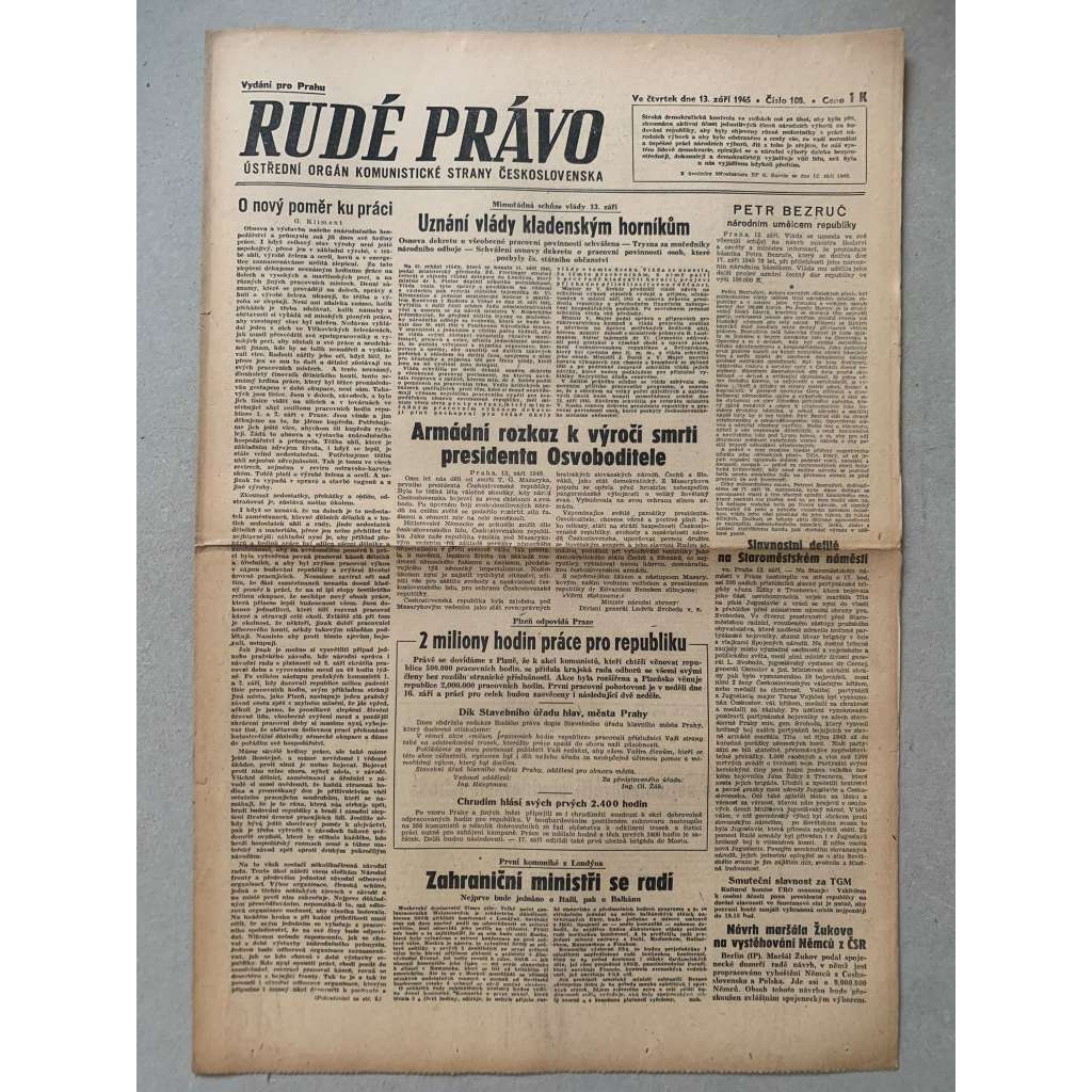 Rudé právo (13.9.1945) - 1. republika, staré noviny