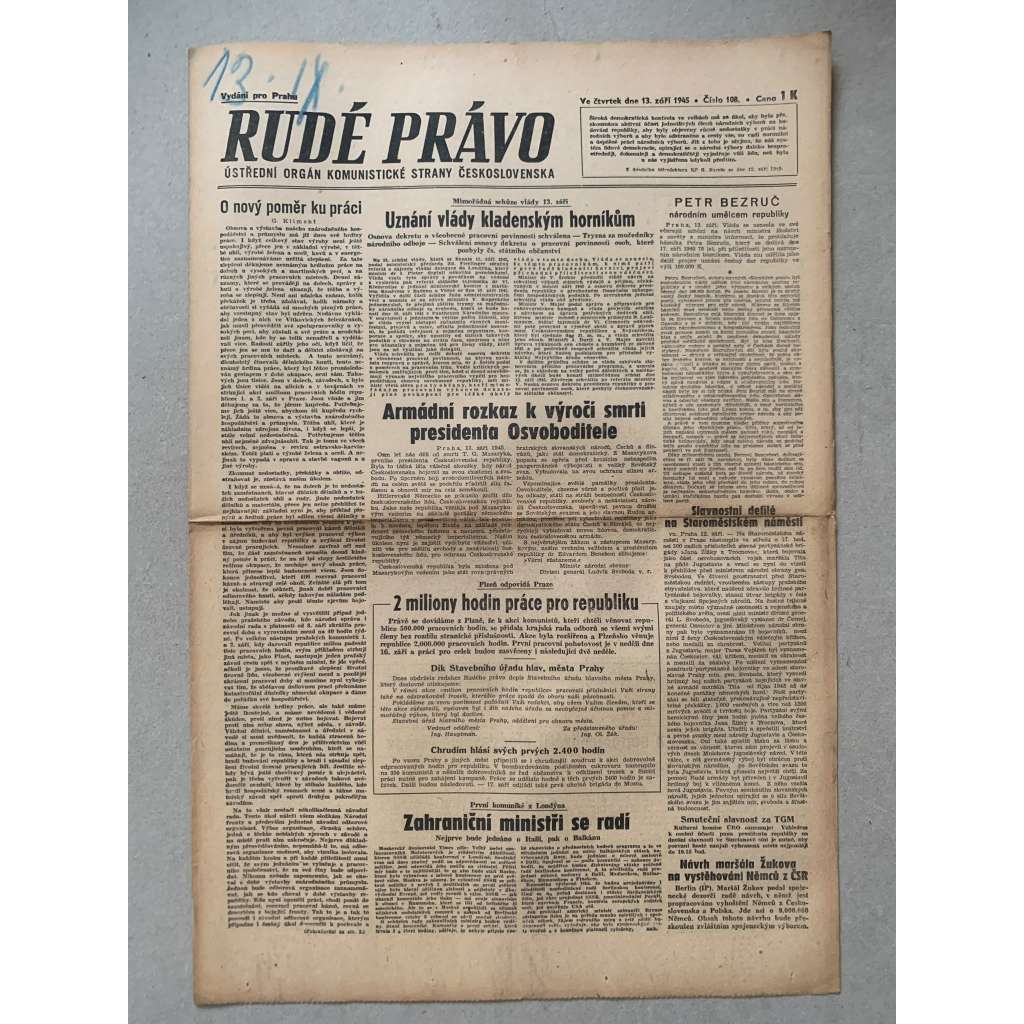 Rudé právo (13.9.1945) - 1. republika, staré noviny