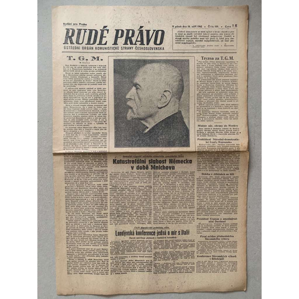 Rudé právo (14.9.1945) - 1. republika, staré noviny