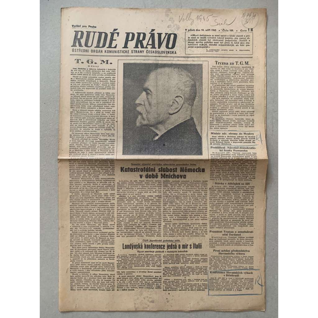 Rudé právo (14.9.1945) - 1. republika, staré noviny