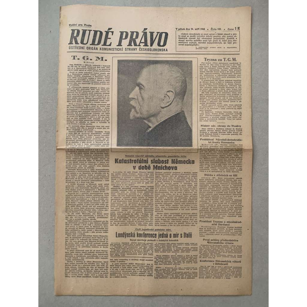 Rudé právo (14.9.1945) - 1. republika, staré noviny