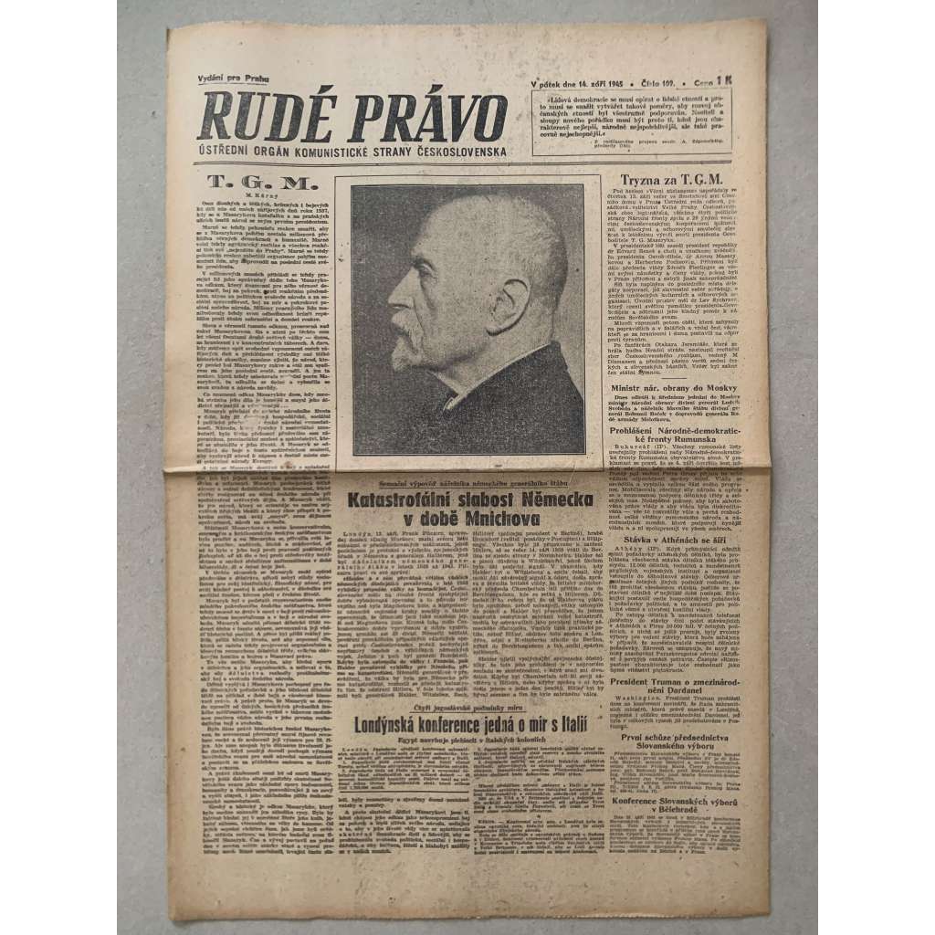 Rudé právo (14.9.1945) - 1. republika, staré noviny